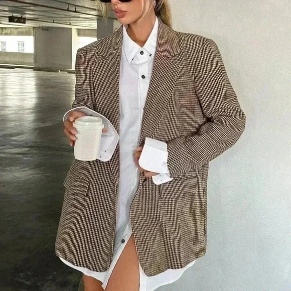 Brown Elegant Women's Lapel Collar Houndstooth Suit Jacket - Picture 1 of 5